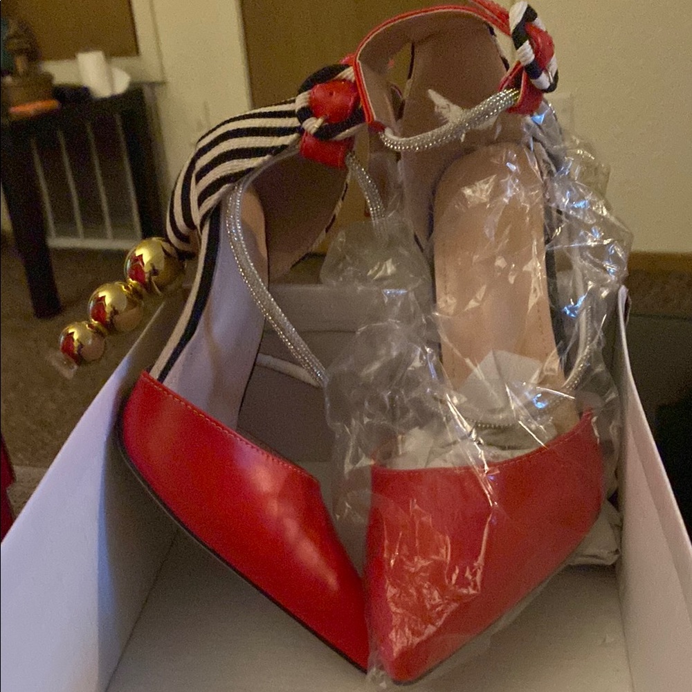 Elegant Red Heels with Striped Ankle Strap